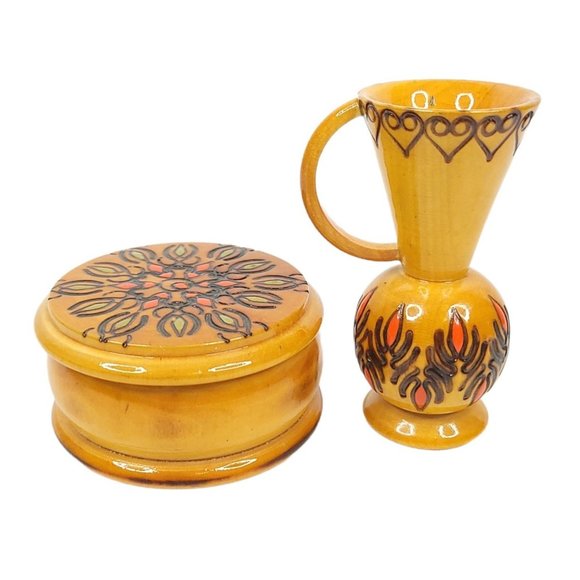 Carved Wooden Trinket Box Miniature Pitcher Engraved Numbered Vanity Decor - Picture 4 of 10